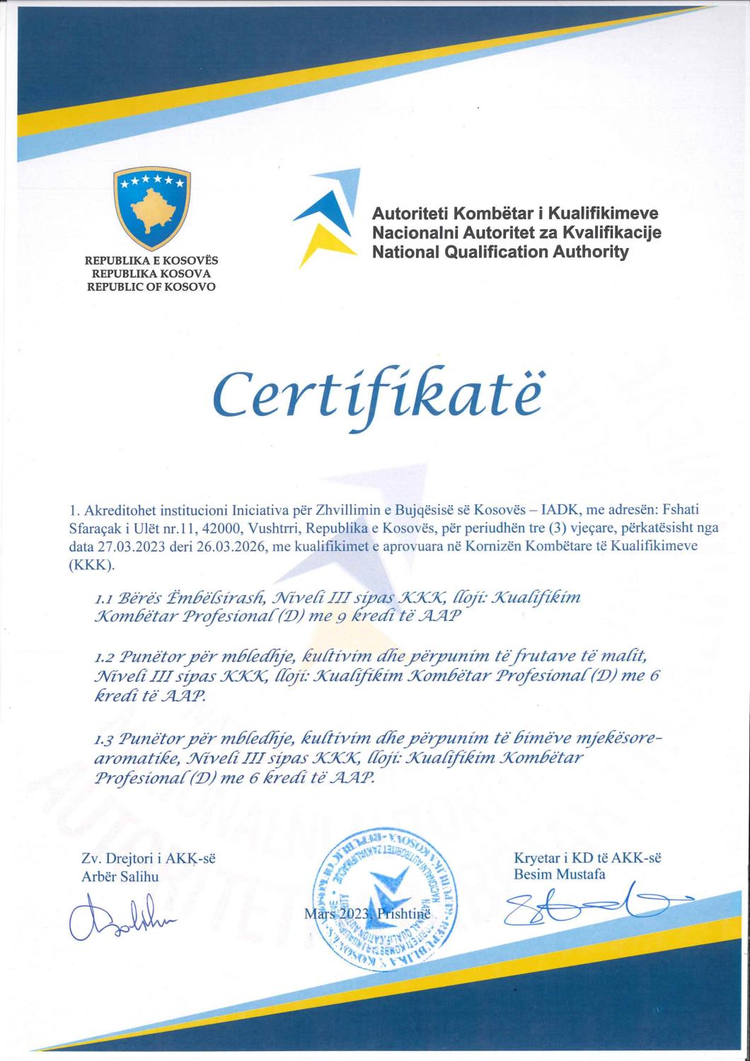 IADK akreditohet për ofrimin e tri kualifikimeve të reja nga Autoriteti Kombëtar i Kualifikimeve